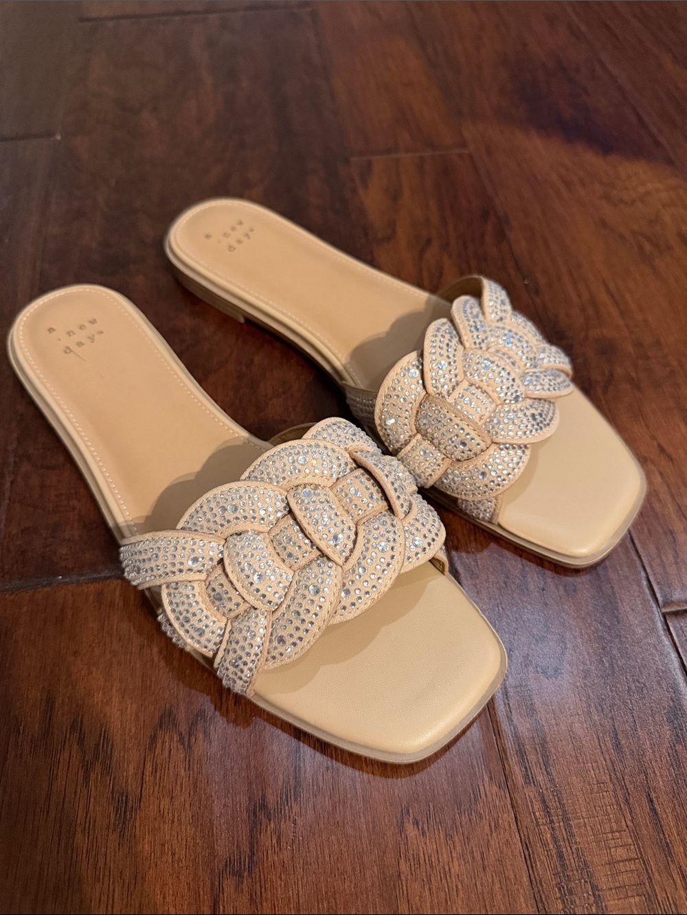 a new day Beige Braided Crystal Slide Sandals